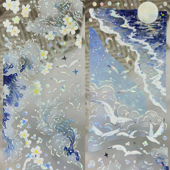 Mond Meereswelle Blume & Yinghong Transparente Blasen Stanzaufkleber Rolle