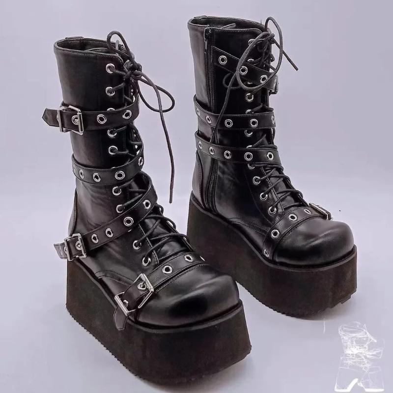 Plus Size 43 Autumn Women Boots Buckle Round Toe Wedges Platform Boots Punk Goth Ins Women Street Shoes Combat Boots For Women