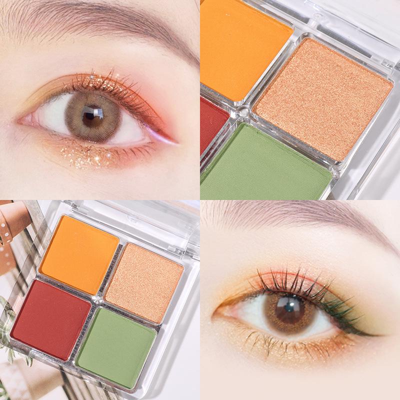 Four-Color Mini Eyeshadow Palette: Matte & Pearl Nude Smoky Shades with Low Saturation and Glitter.