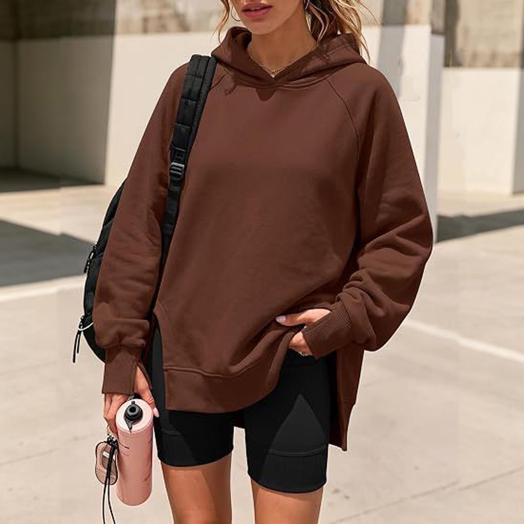 Women's Casual Longline Hooded Pullover with Drop Shoulder and Side Slit - Loose Fit Sweatshirt