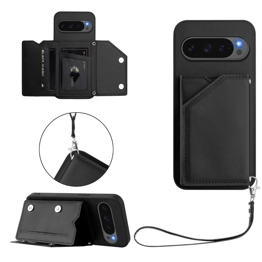 For Google Pixel 10 Pro XL Case Card Holder Kickstand Skin-Touch Phone Cover with Wrist Strap