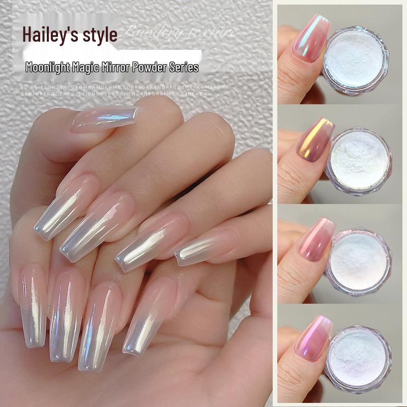 Hailey's Moonlight Pink Magic Mirror Powder: Super Bright Pearlescent & Iridescent Aurora Glitter for Nail Salons.