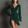 Women Velvet V Neck Tie Waist Long Sleeve Ruffle Hem Short Dress