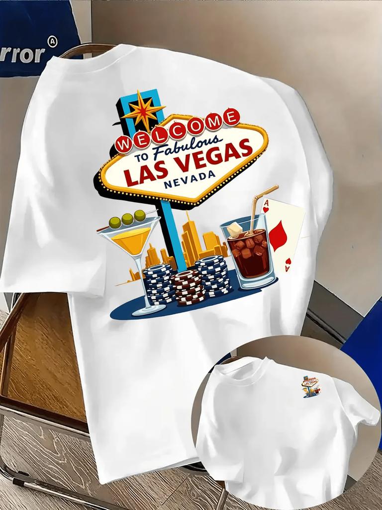 Men's 100% Cotton Short-sleeved T-shirt, Retro Las Vegas Pattern Print, Soft Crew Neck, Vacation Street Style Top
