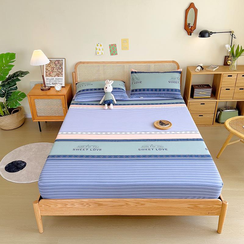 3pcs Grey Striped Cotton Fitted Sheet, Set Adult Kid Teen Bedroom Thickened Bedding with 2 Pillowcases, Geometric Line Bed Cover