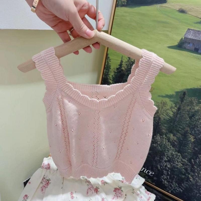 

Летний наряд для девочек в корейском стиле, элегантный комплект из двух предметов со сладким кружевным вязаным топом и мягкими шортиками для детей от восьми лет и старше Pink Strap,80cm/31.50in