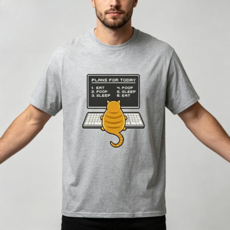 Soft Cotton Unisex Tshirt Funny Cat Computer Daily Schedule Art Print Oneck Trendy Pet Owner Casual Daily Outfit Tops