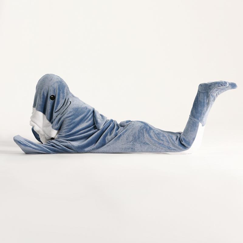 Warm Flannel Blanket Pajamas Home Suit Cartoon Shark Pajamas Unisex Play Suit Kids Parents Hooded Funny Home Wear for Slumber Party