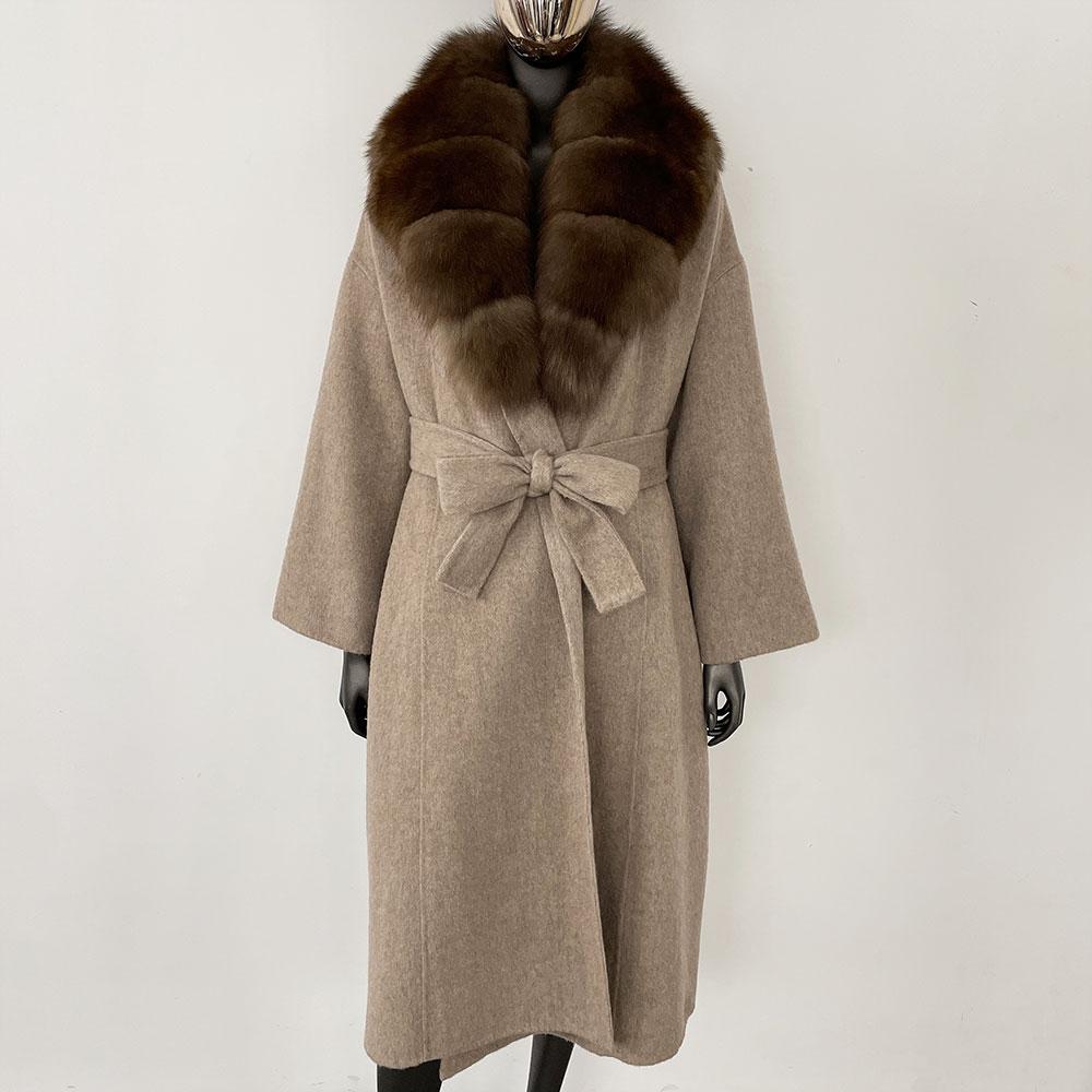 OFTBUY Kabát z pravé kožešiny 2024 Nadměrný dámský svrchní oděv Zimní dámská bunda s límcem z přírodní liščí kožešiny Kapuce Kašmírová vlněná směs Kabát