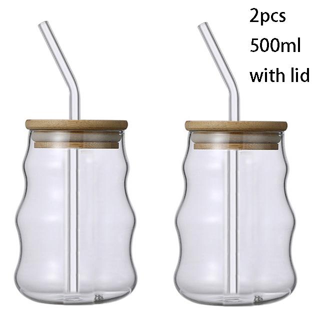 1/2 ks 500ml skleněné hrnky s brčkem Mason Jar čirý džus kávový hrnek na mléko s bambusovým víčkem nápojový proužek pivní hrnek