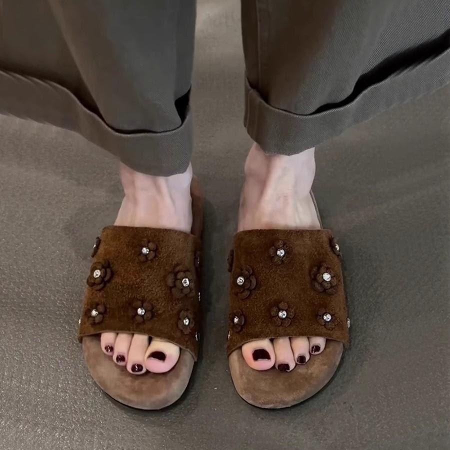 Soft Leather Version~ Fashion Flower Open-toed Cool Slippers Women's 2025 Summer New Thick-soled Outer Wear Velvet Versatile Sandals