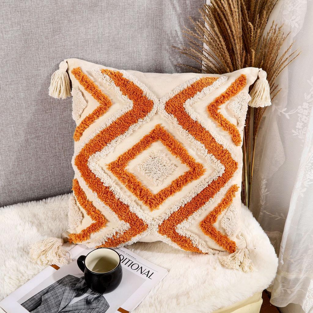 Nordic Moroccan Tassel Tufted Pillow Light Luxury Famous Style Embroidered Back Cushion Pillow Cover Happy Word Cushion