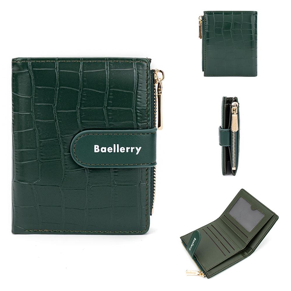 

Baellerry Korean Style Women s Short Leather Wallet with Buckle, Zipper, Coin Purse, Card Holder, and Stone Texture. зелений