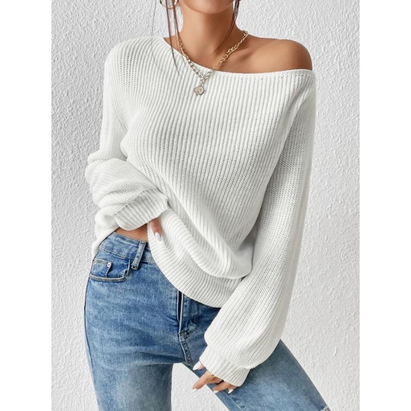 Women S Loose Off Shoulder Solid Color Long Sleeve Knit Sweater S белый