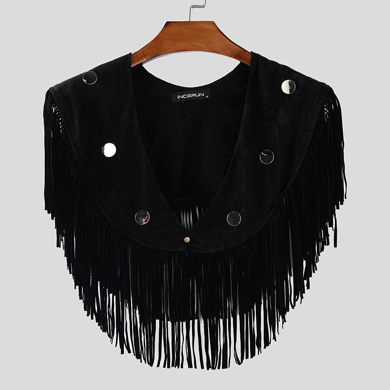 INCERUN Men Low Cut Neck Stitching Tassel Fashion Cropped Cloaks Tops