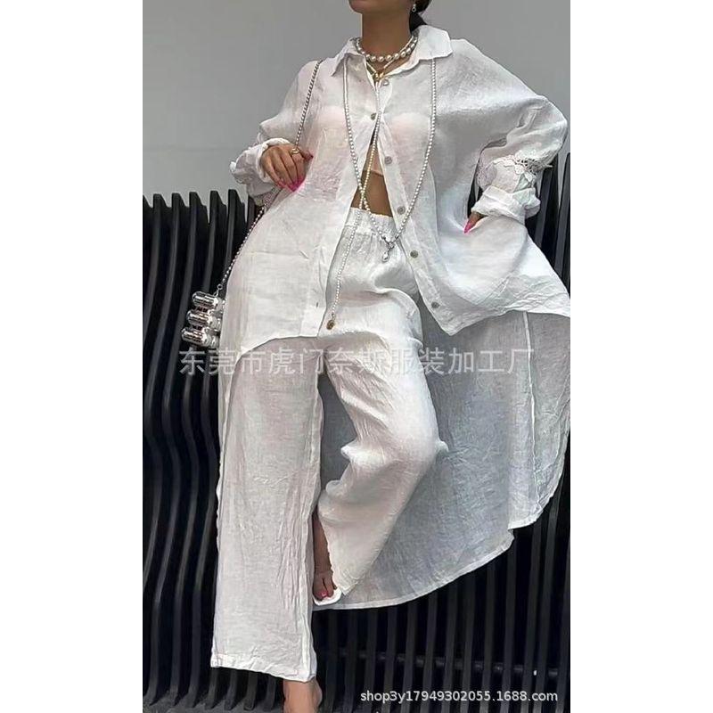 Casual Foreign Trade Irregular Hem Long sleeve Top Pants set Women Irtop Regular Pants Set