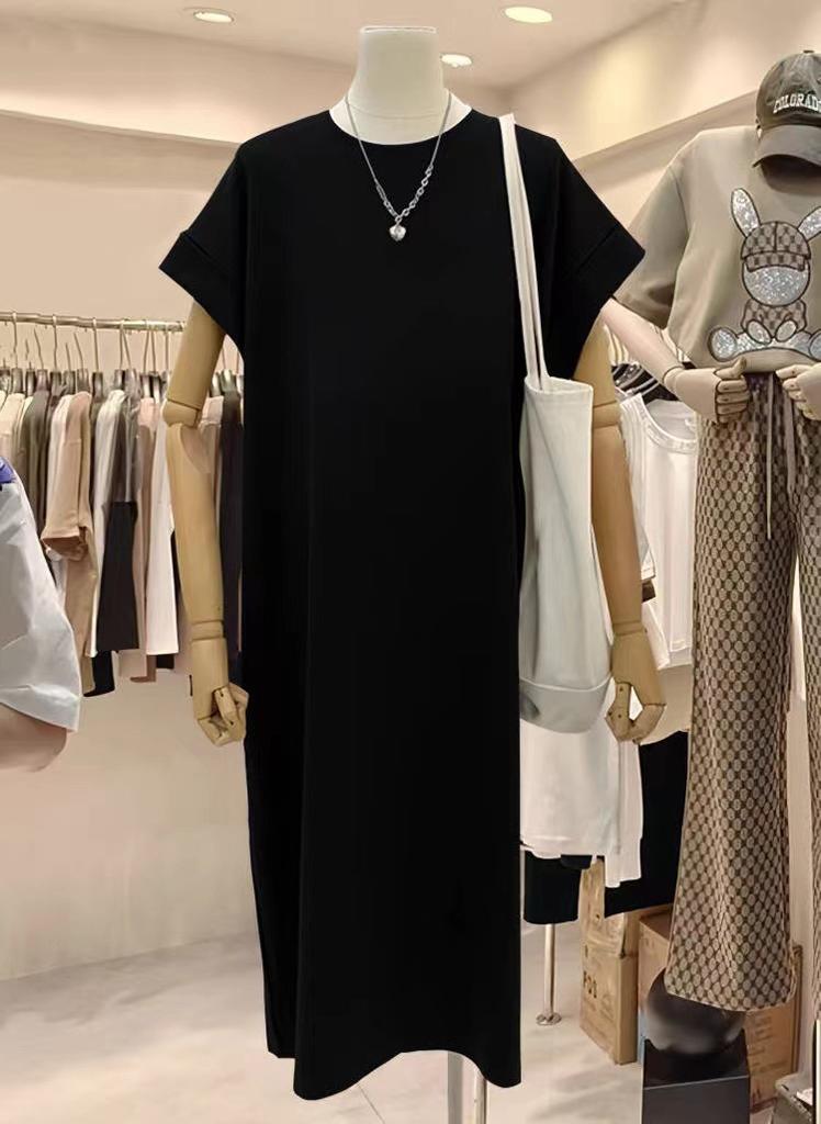 Women's Cotton T-shirt Dress O Neck Short Sleeve Solid Color Loose Midi Casual Dress