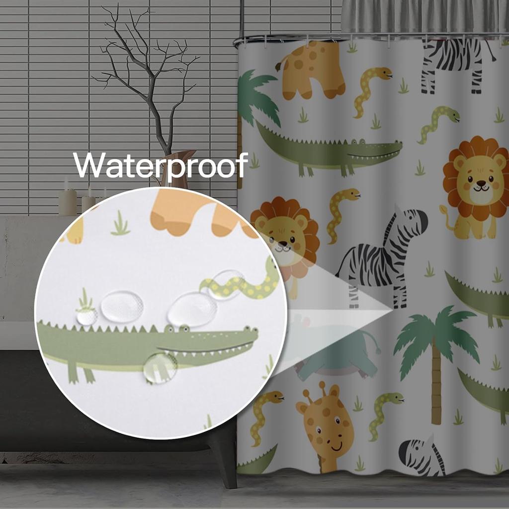 Shower Curtain Safari Animals With Cute Hippo Crocodile Lion Elephant And Giraffe In Childish Style Waterproof Polyester Fabric