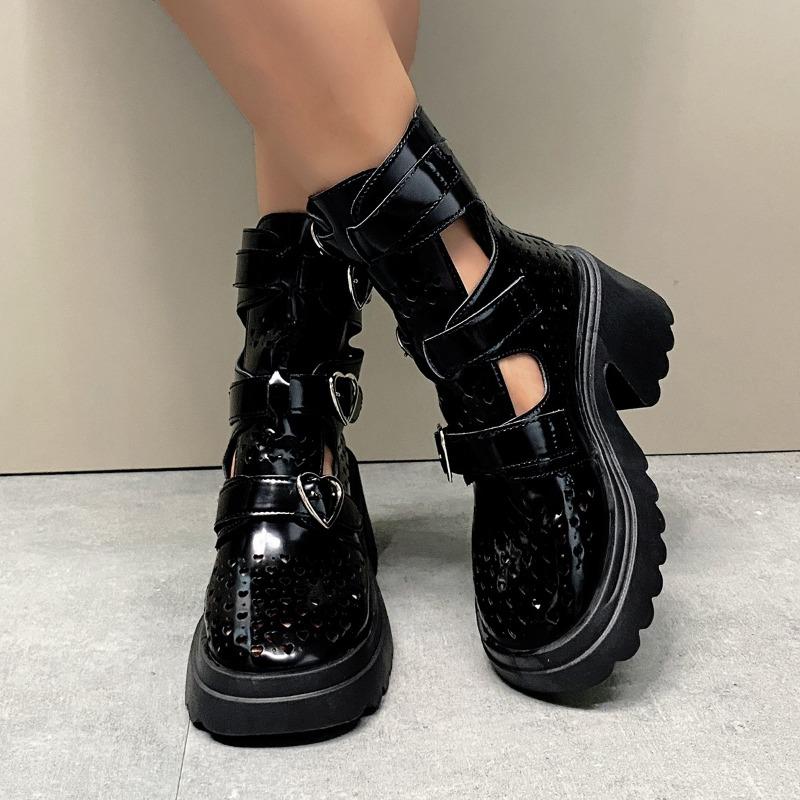 Fashion Metal Buckle Decoration  Boots Women's Thick Heel Thick Bottom Hollow Breathable Women's Shoes New Short Cool Boots