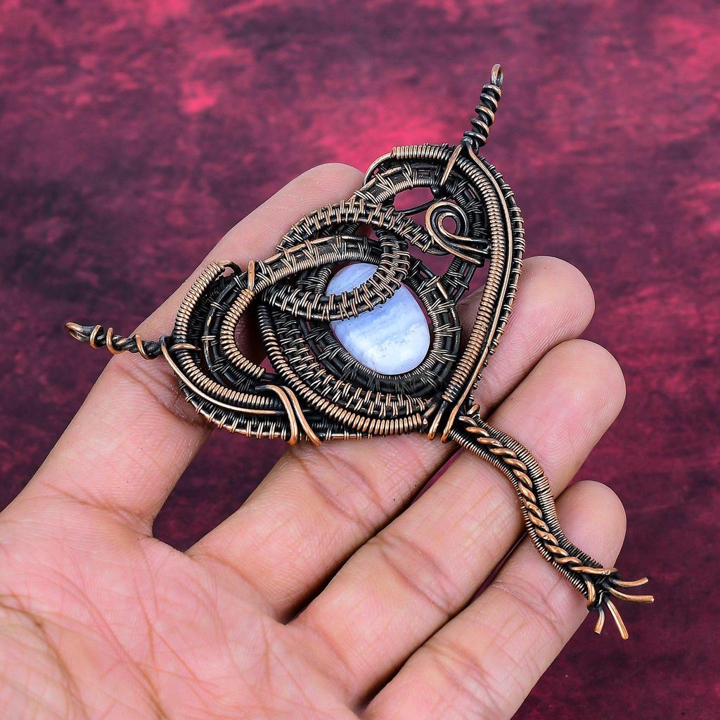 Blue Lace Agate Gemstone Pendant Handmade Copper Wire Wrapped Decent Pendant