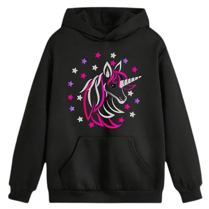 Sweat à Capuche Fille Noir Licorne Rose - stylé et confortable 3 à14 Ans - Noir