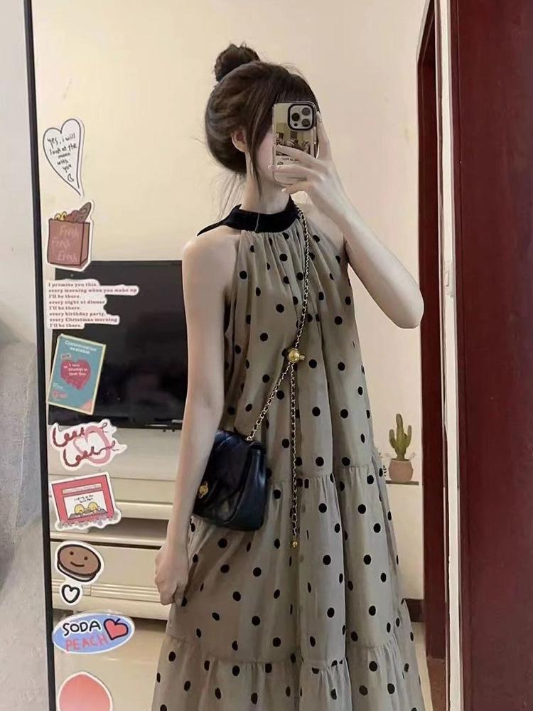 French Polka Dot Halter Neck Sleeveless Summer Maxi Dress for Women
