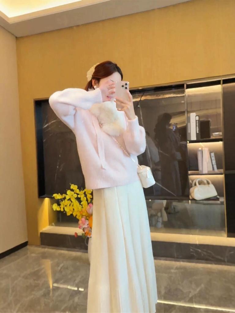 Korean 3D Flower Ribbon Sweater - Women's Autumn/Winter Fluffy Round Neck Knit Pullover