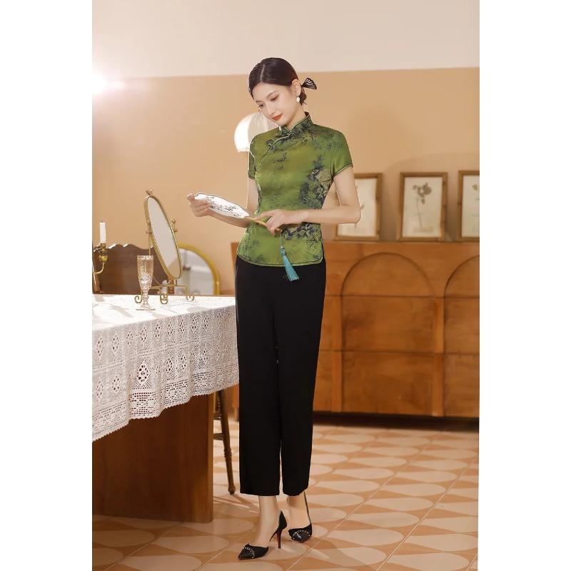 Blusa Elegante de Satén para Mujer Estampado de Flores Camisa Cheongsam Estilo Chino Tradicional Ropa Tang Disfraz de Verano Otoño