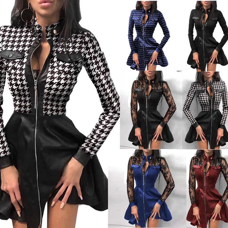 Stylish Autumn/Winter PU Leather Patchwork Waist-Cinched Dress
