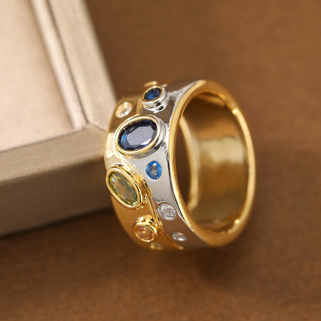 Luxury Two-tone Wide Band Colorful Synthetic Gemstone Ring Copper Material Women Jewelry Ring For Banquet