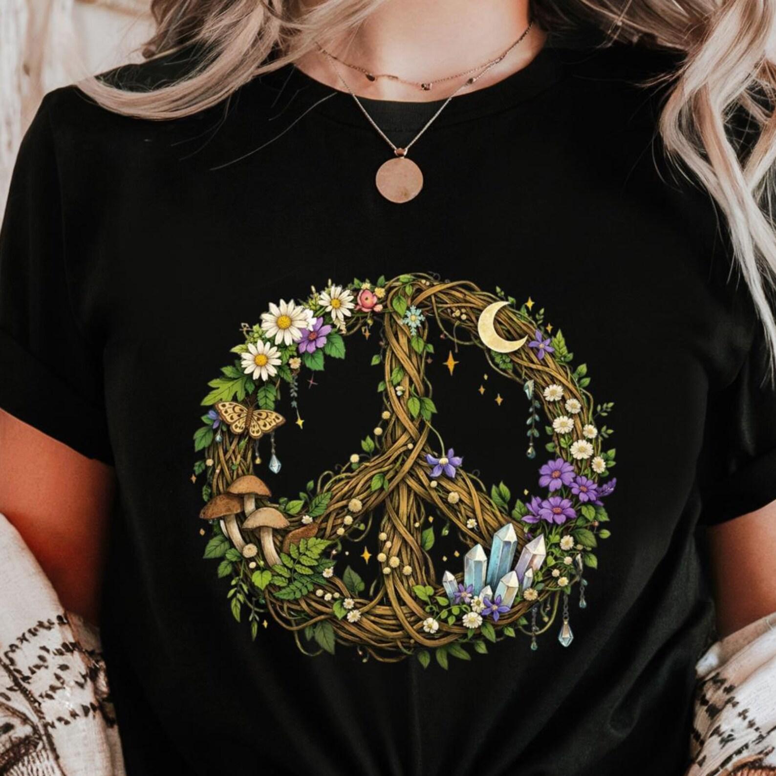 Boho Peace Sign Shirt | Nature Witch Floral Mushroom Crystal Graphic Tee L