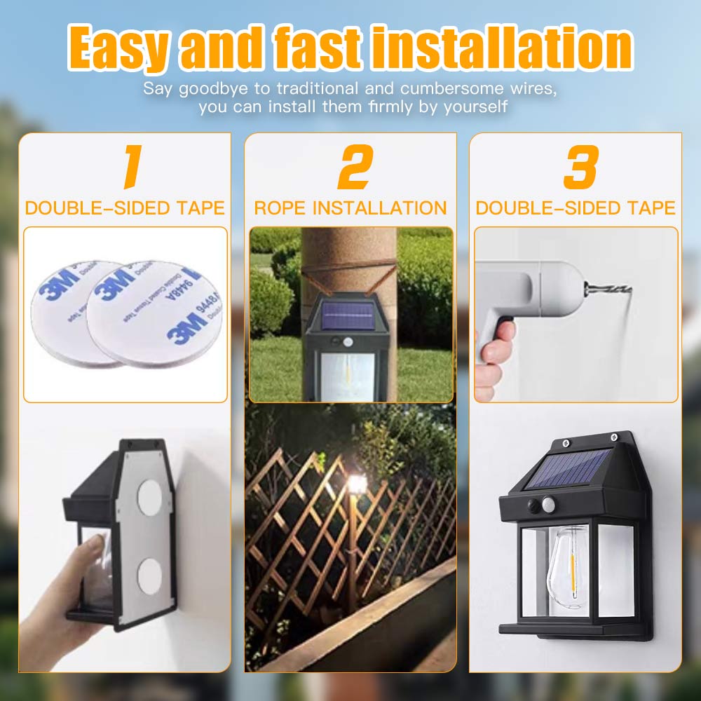 Solar Tungsten Wall Lamp Waterproof Motion Sensor 3 Modes Outdoor LED Light for Patio Courtyard Porch Barn Garage Garden