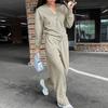Yousheng 2 Pcs/Set Women Shirt Pants Set V Neck Single-breasted Long Sleeves Knitted Loose Top Drawstring Elastic Waist Wide Leg Trousers Sport