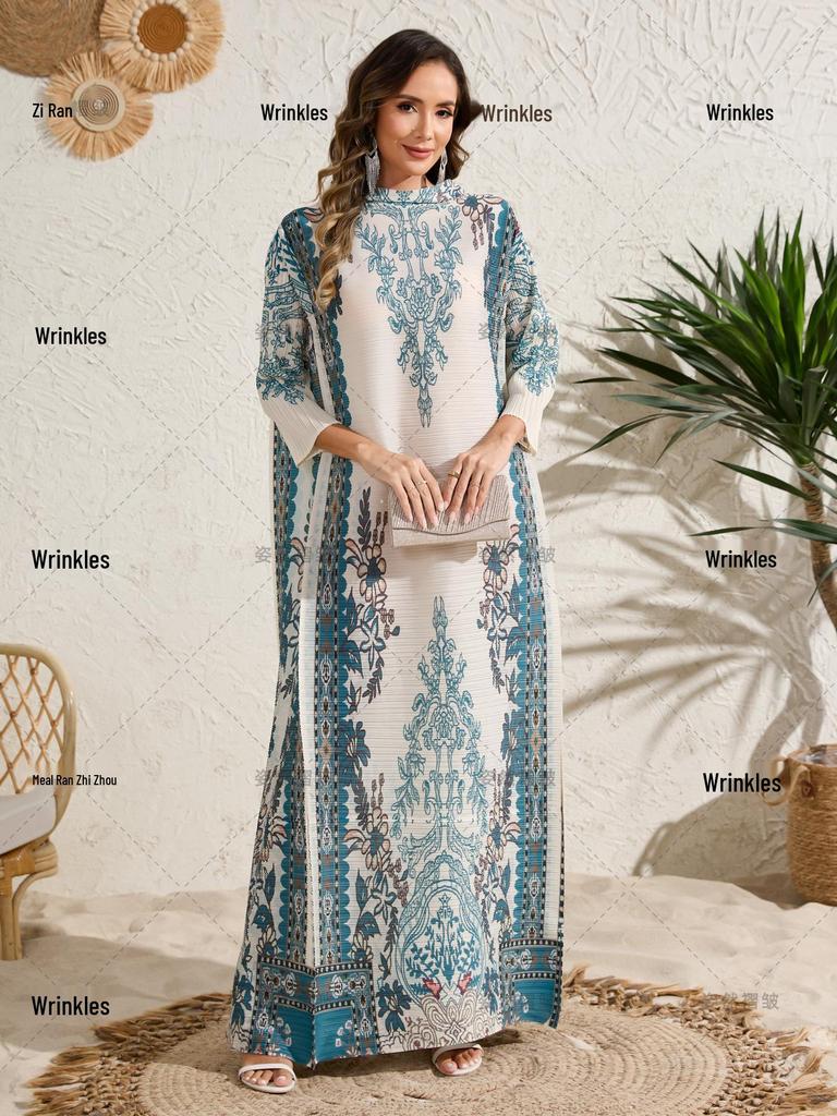 Middle East Plus Size Women's Pleated Print Abaya Dress