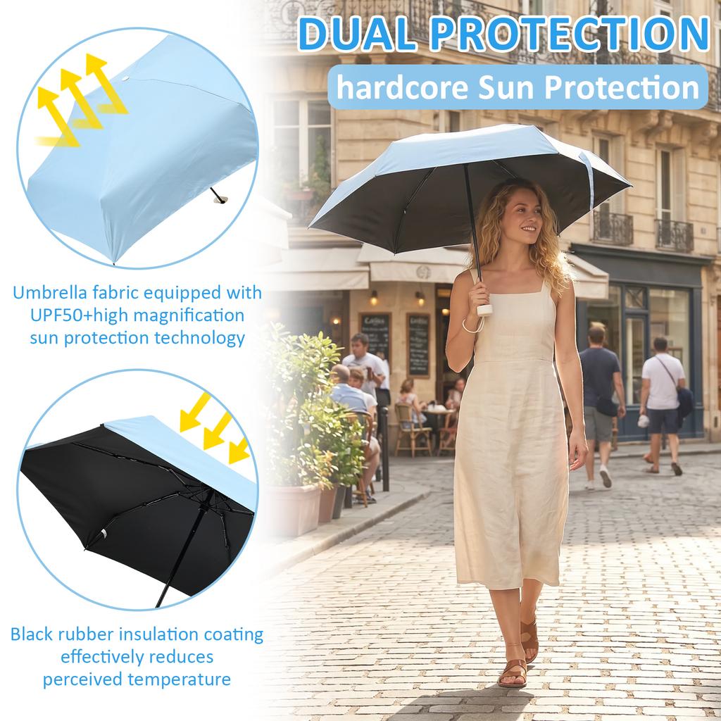 7 Fold Mini Pocket Umbrella Portable Sun Rain Dual Use Umbrella with Anti Slip Handle & Storage Bag UV Protection Black Coating
