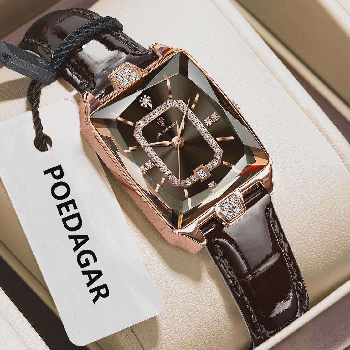 

POEDAGAR Rectangle Luxury Women s Watches Waterproof Date Leather Woman Watch Elegant Fashion Quartz Women Wristwatch коричневий