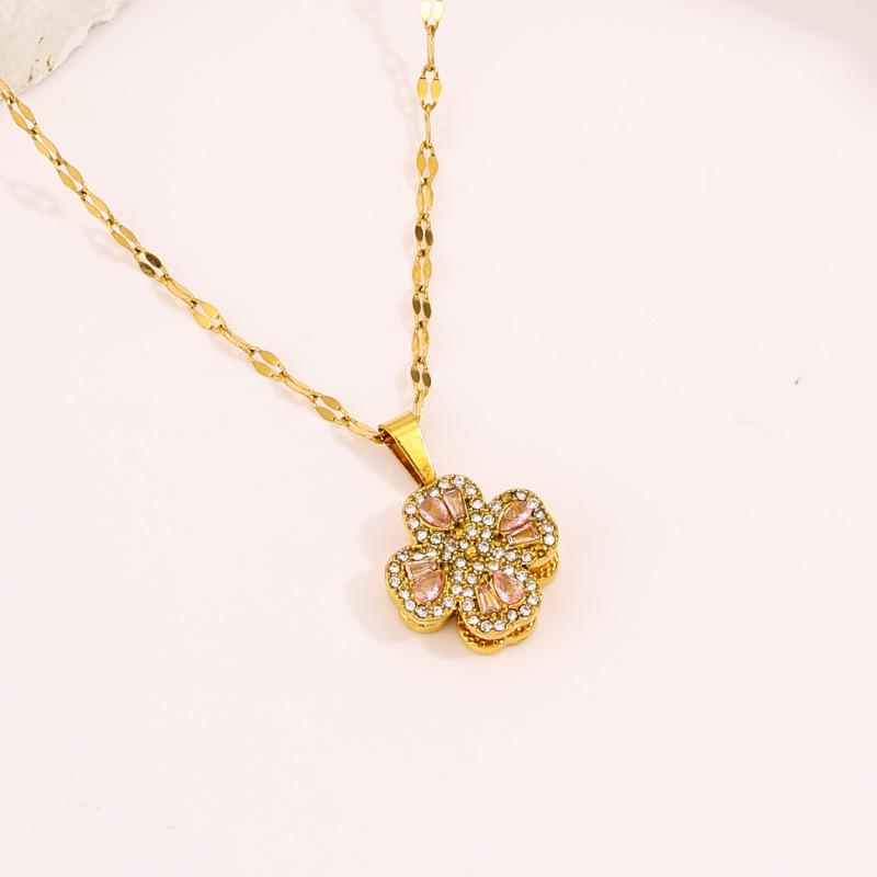 Necklace Light Luxury High Sense Niche Titanium Steel Necklace Trendy Brand Four-leaf Clover Rotatable Temperament Versatile Zircon Necklace Women