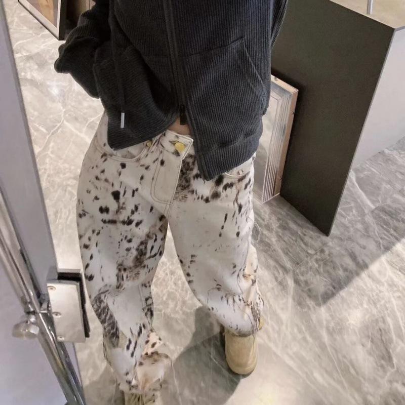 High Street Retro Leopard Print Straight-Leg Jeans for Women