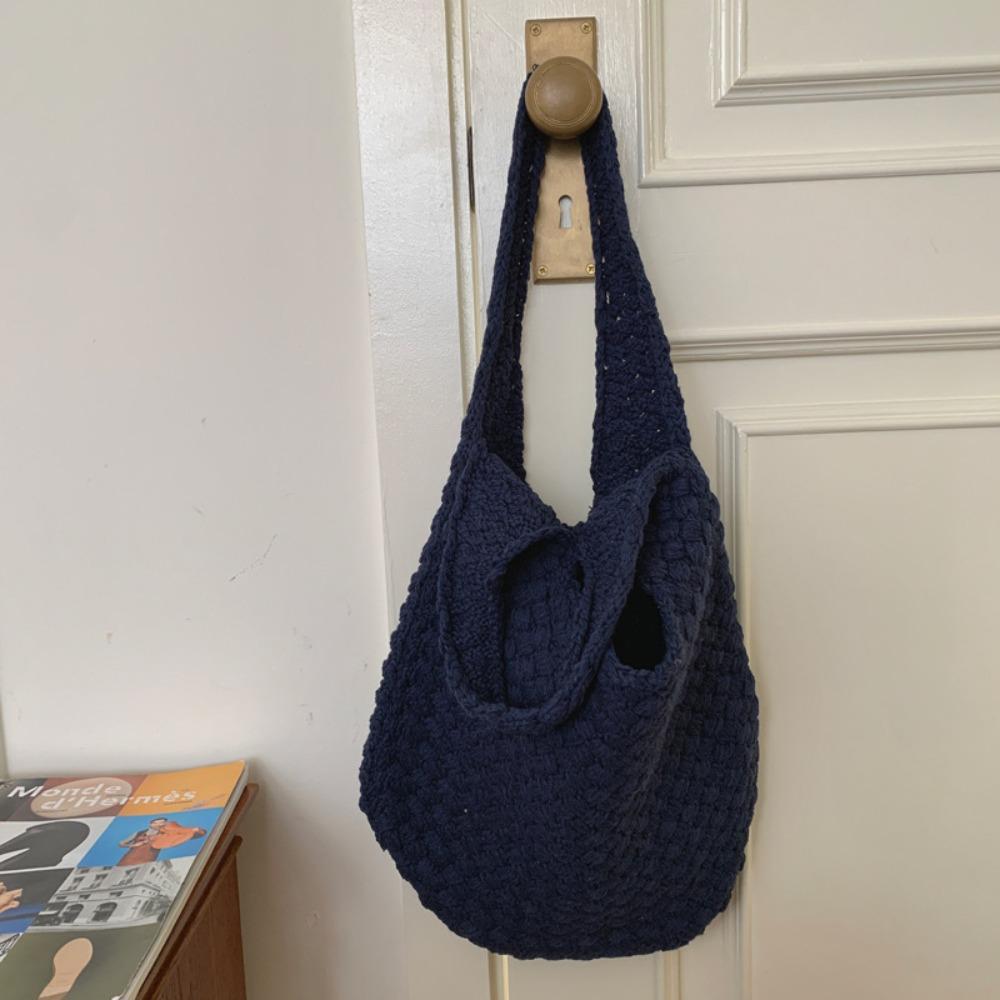 

Summer Cotten Crochet Shoulder Bag Fashion Knitted Tote Bag Casual Beach Handbag Beach темно-синього кольору