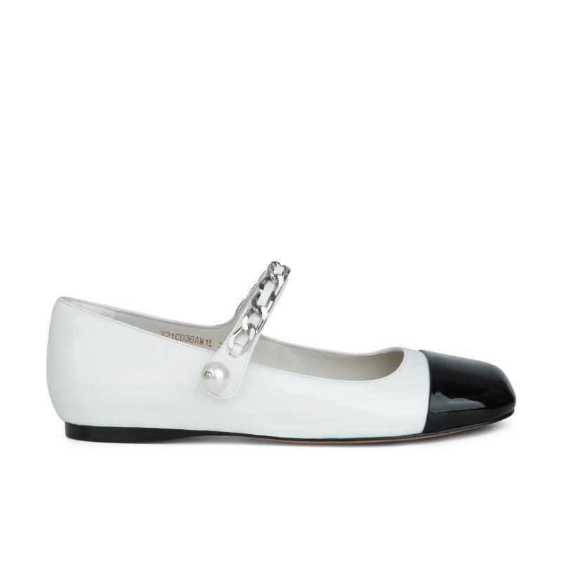 Sheepskin~ Su Yinyin's same Amiu rhinestone pearl buckle chain color matching Mary Jane shoes women's flat-bottomed light-mouth single shoes