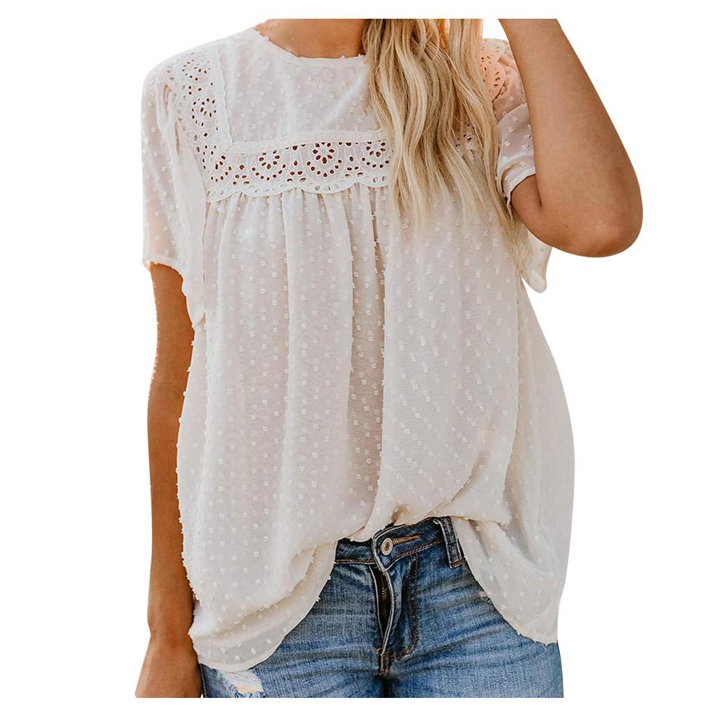 Women Fashion Lace Short Sleeve Casual T-shirt Round Neck Loose Top