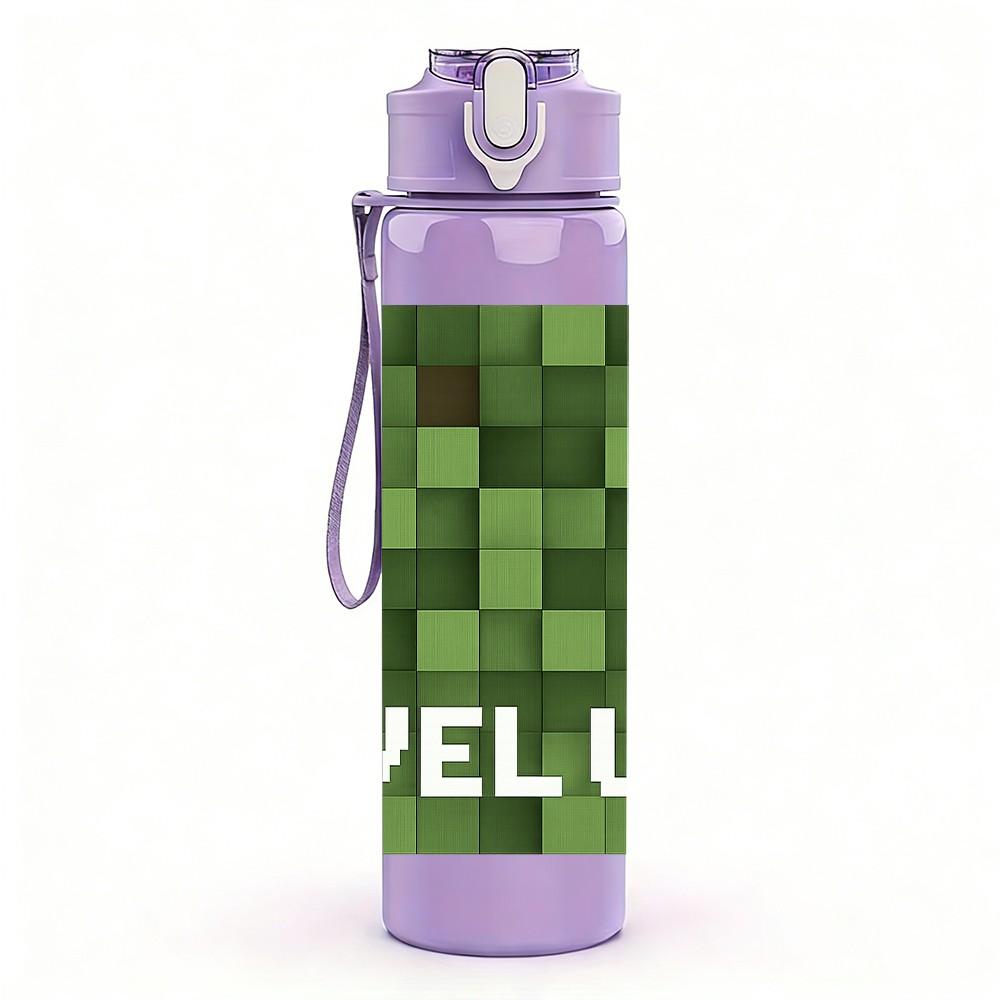 1PC Level Up Block Game Pattern 750ml Color Plastic Sports Water Bottle Leakproof Flip Straw Lid Suitable for Sports Office Home Use