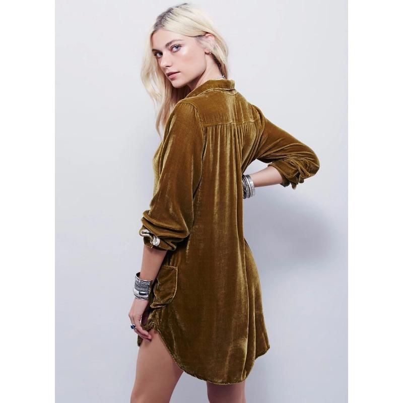 Women's Autumn New Jacket V-neck Loose Long-sleeved Golden Velvet Shirt Dresses