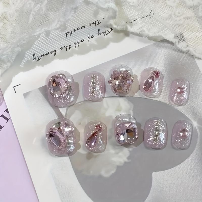10 Pcs High End Short White Glitter Heart Handmade Fake Nails Sweet Press On Manicure