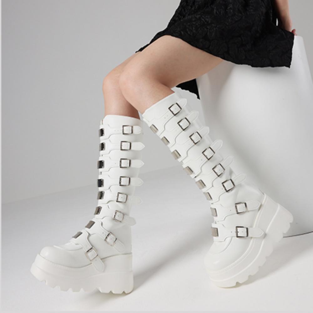 GIGIFOX Goth Metal Buckle Combat Mid-Calf Boots For Women Round Toe Platform Chunky High Wedges Cool Fashion Motorcycle Boots