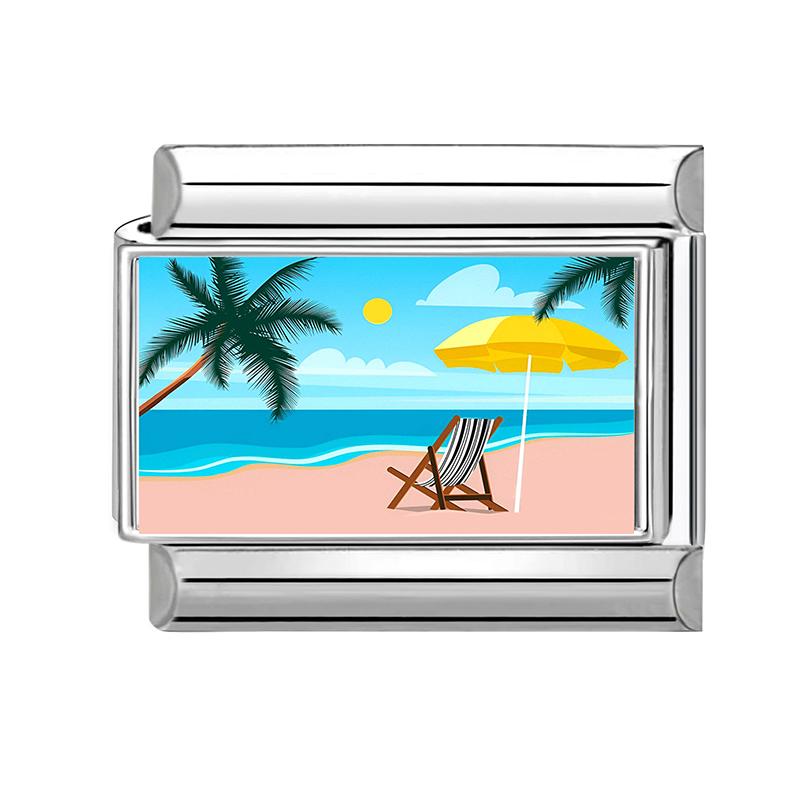 New Brilliant Sunrise Sunset Beach Coconut Trees Scenery Italian Charm Links Fit 9MM Stainless Steel Bracelet DIY Making Gift