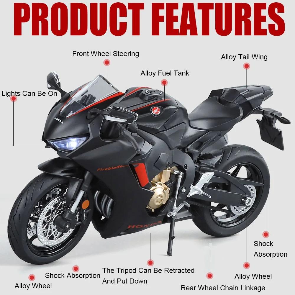 1:9 Scale R1 CBR1000 Motorcycle Model Toy Linkage Steering Foldable Tripod Motorbikes Metal Diecast Models Living Room Ornaments