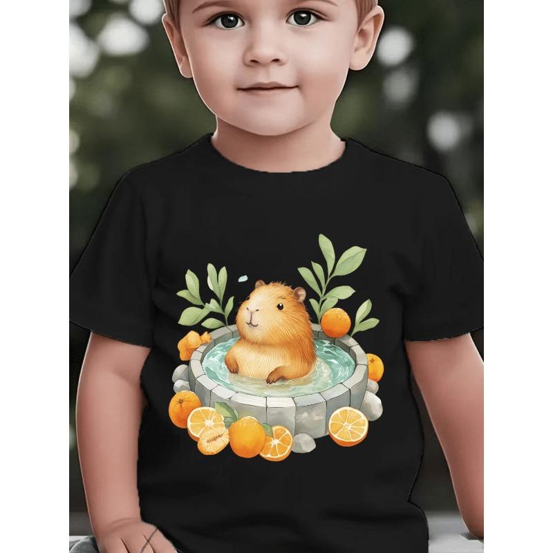 Boys Crewneck Tee, Cute Capybara Soaking In Hot Spring With Citrus Orange & Green Leaves Print