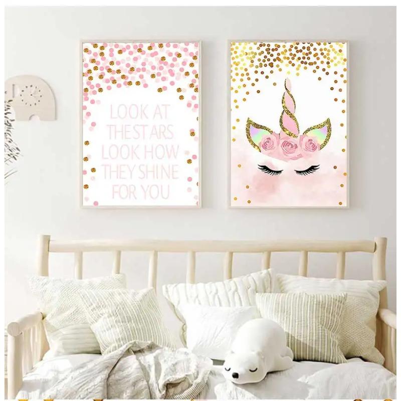 Decorative Picture Baby Girl Bedroom Decoration Pink Unicorn Nursery Quotes Art Wall Canvas Print Painting Nordic Style