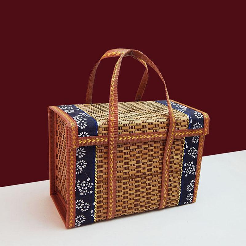 1pc Handcrafted Bamboo Picnic Basket With Handles, Rectangular Retro Style Foldable Bamboo Bag For Snacks & Fruits, Portable Wov